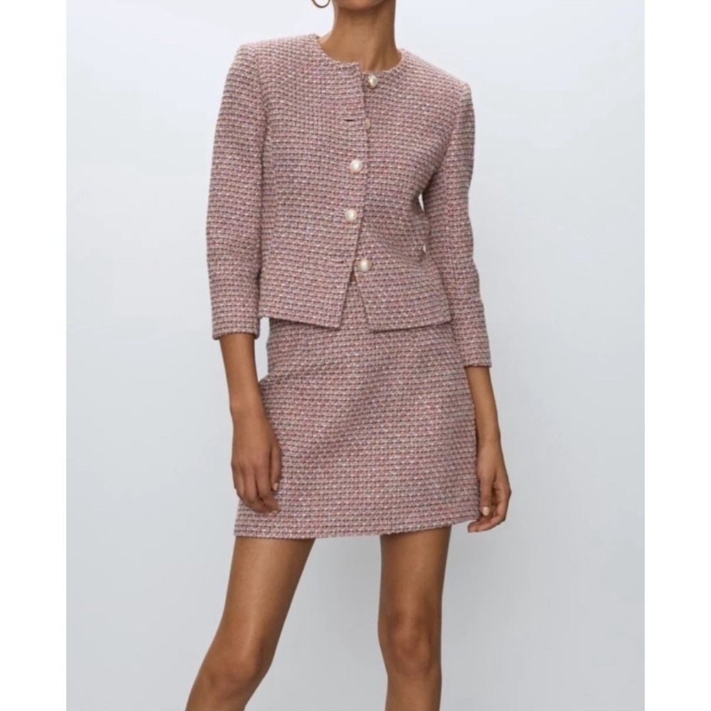 Babaton Pink Multi Tweed Pearl Button Jacket Women's Size 2 Aritzia